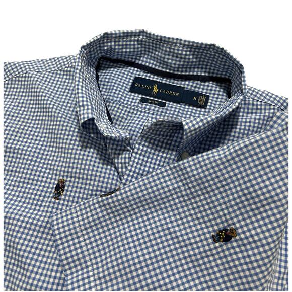 Polo Ralph Lauren Men’s M Button Down Bear All Over Print Gingham Slim Fit - Picture 1 of 9